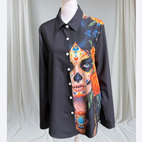 Black Women's Shirt with Colorful Pattern on the Front Halloween Style Size: L - Picture 1 of 6